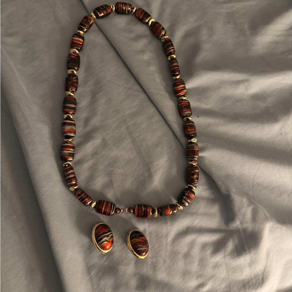 Elegant vintage mid century Red Beaded Necklace and Earring Set
